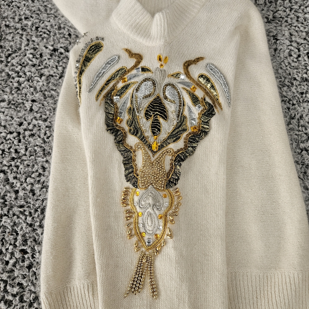 Vintage Cedars Angora Silk Wool Sweater Small Embellished 80s 90s Off White Gold - Picture 6 of 14